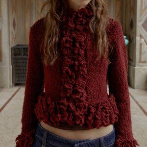 ZARA FRINGED KNIT CARDIGAN BURGUNDY NWT 0021/114/681